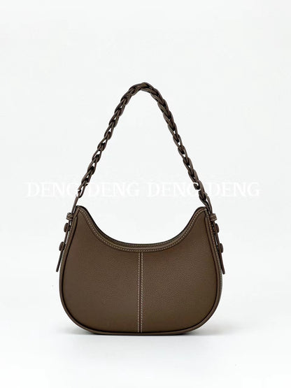 Litchi Grain Top Layer Cowhide Leather Shoulder Bag - Dumpling Shape Handbag