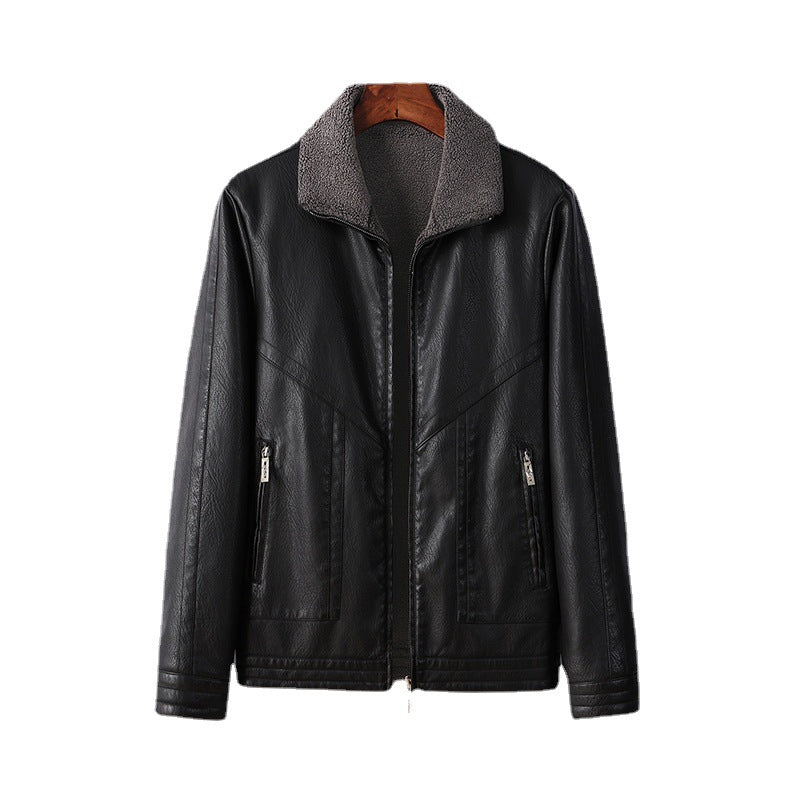 Men's Fleece-Lined PU Leather Jacket - Winter Outerwear