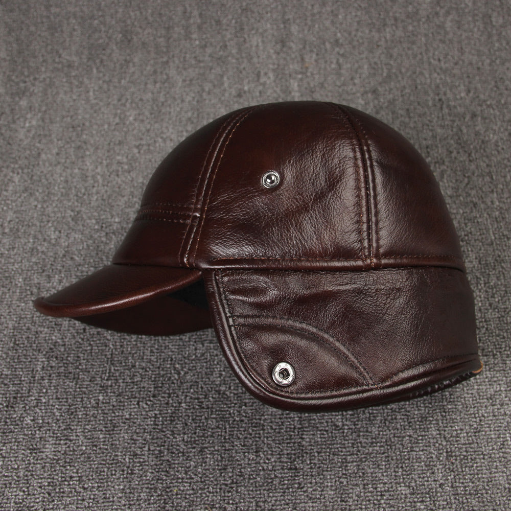 Cowhide Leather Hat for Men - Thick Warm Middle Ear Cap with Plain Weave