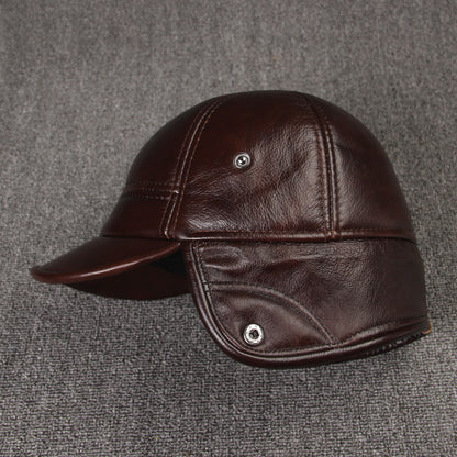 Cowhide Leather Hat for Men - Thick Warm Middle Ear Cap with Plain Weave