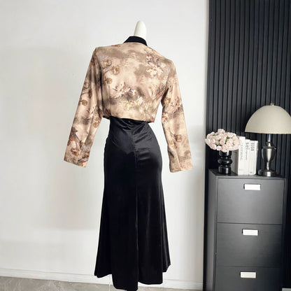 Chinese Style Two-Piece Set - Short Jacket & Suspender Dress with Patchwork Detail