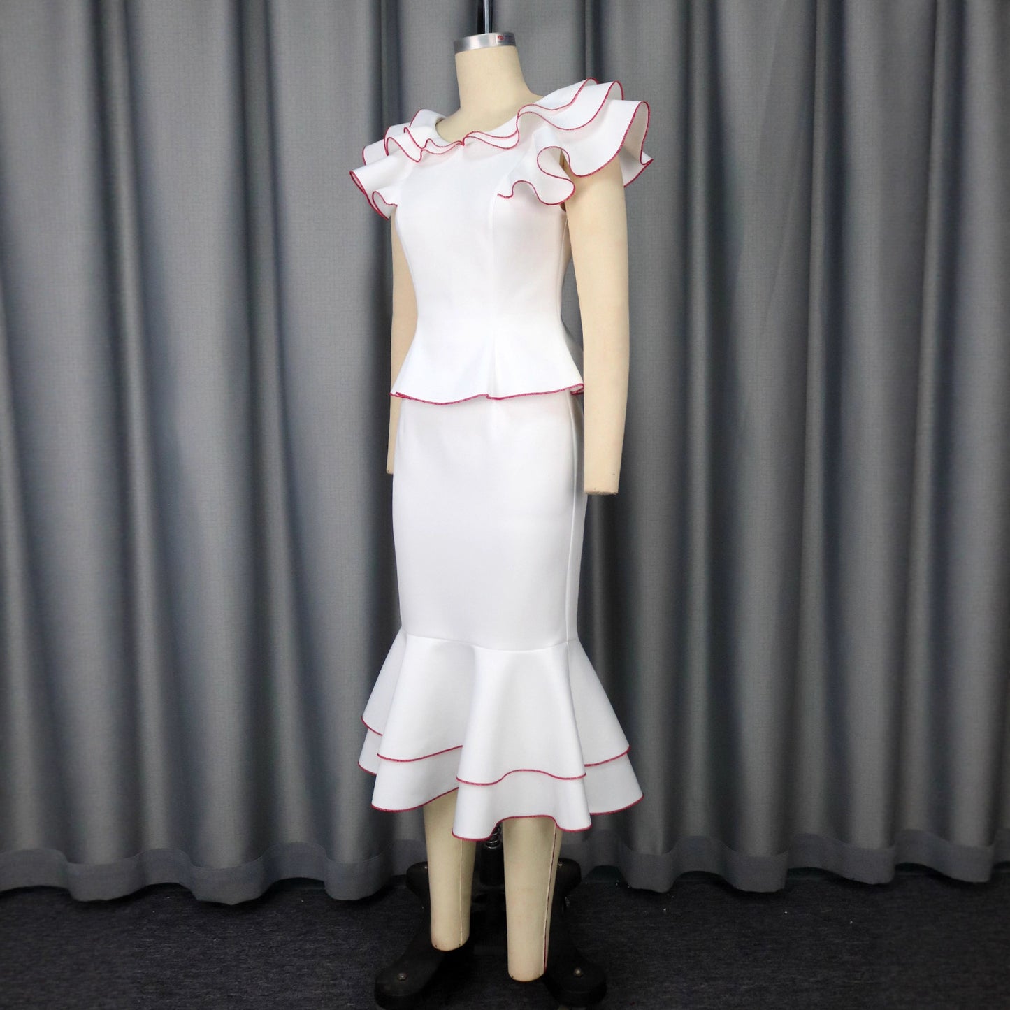 Women's Ruffled Contrast Color Two-Piece Skirt Suit