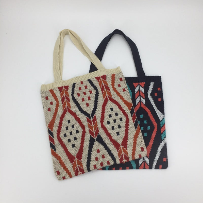 Striped Woven Tote Bag - Large Capacity Polyester Shoulder Bag