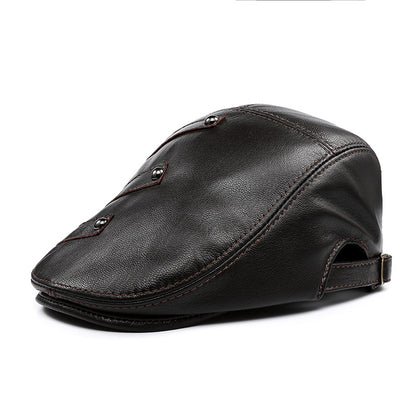 Men's Genuine Cowhide Leather Beret - Embroidered Flat Cap for Autumn & Winter