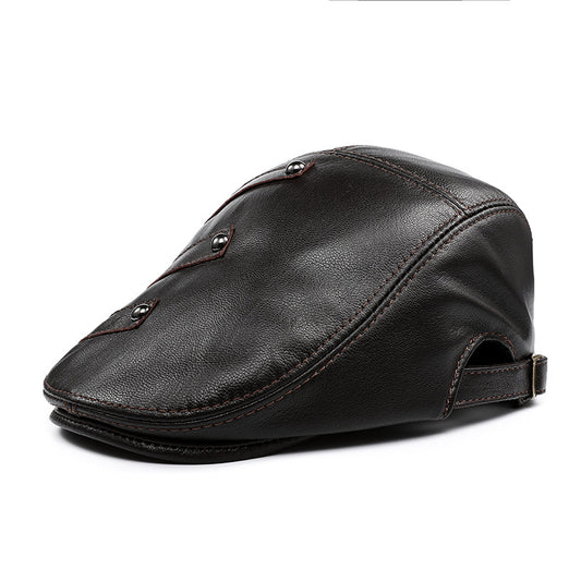 Men's Genuine Cowhide Leather Beret - Embroidered Flat Cap for Autumn & Winter