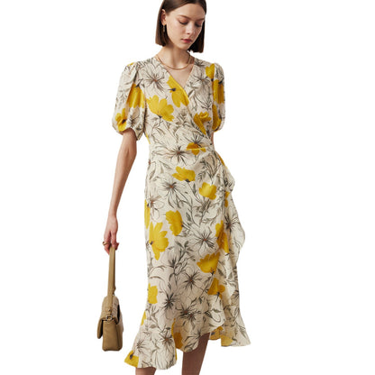 Silk Dress with Lace Print - Short Sleeve A-line