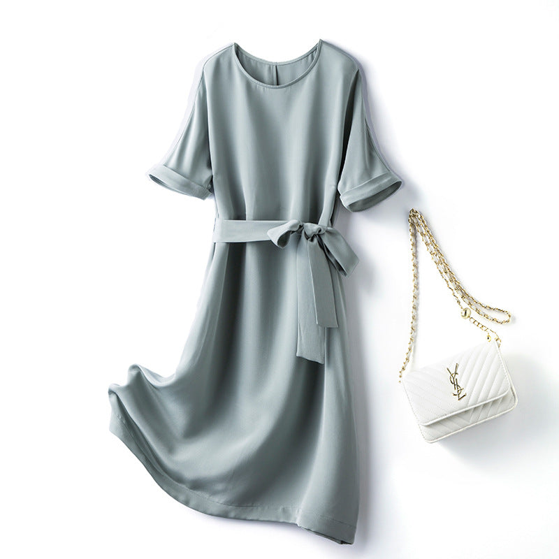Heavyweight Silk Lace-Up Dress - V-neck Short Sleeve Midi Dress