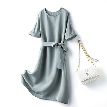 Heavyweight Silk Lace-Up Dress - V-neck Short Sleeve Midi Dress
