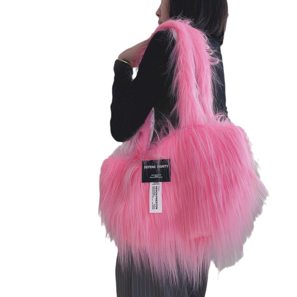Faux Fur Arc Shoulder Bag - Plush Large Capacity Crossbody with Curved Design