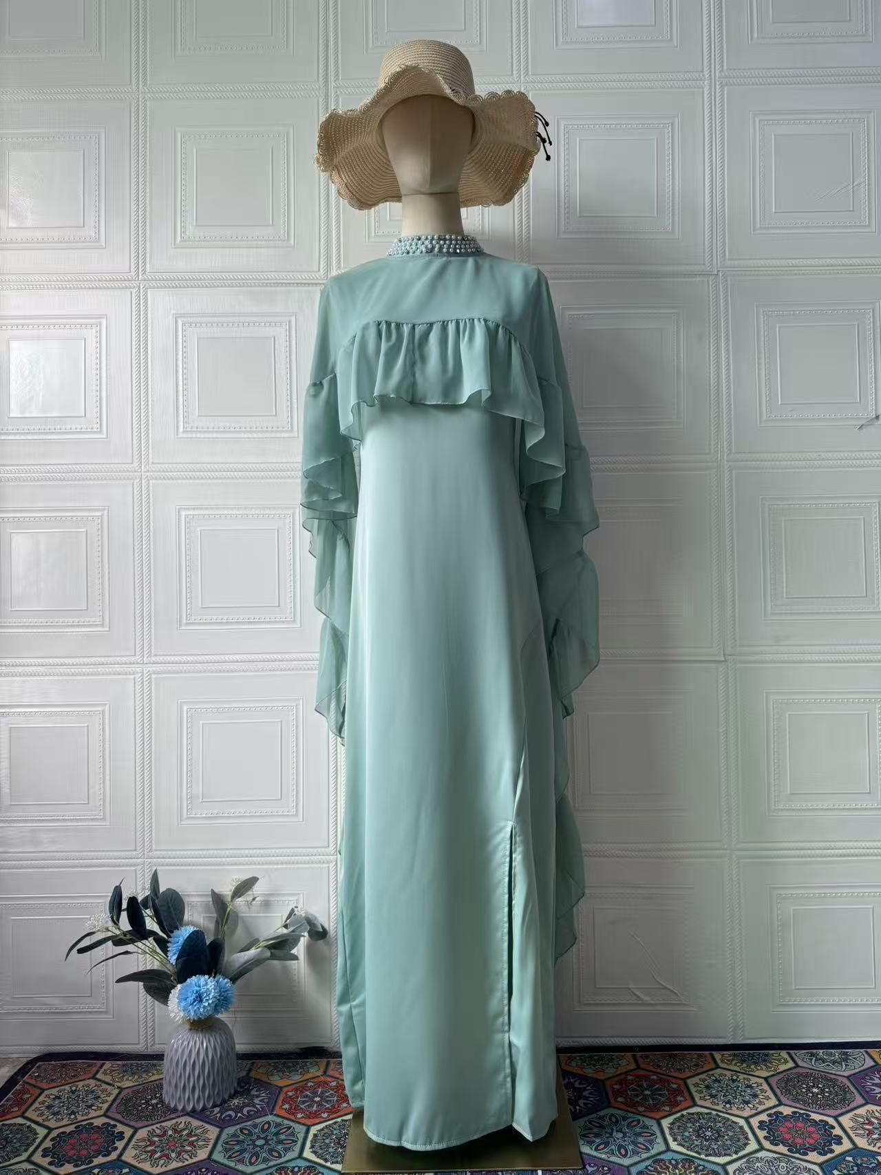 Women's Two-Piece Sleeveless Ruffled Beaded Dress Set - High-Waist Maxi Dress