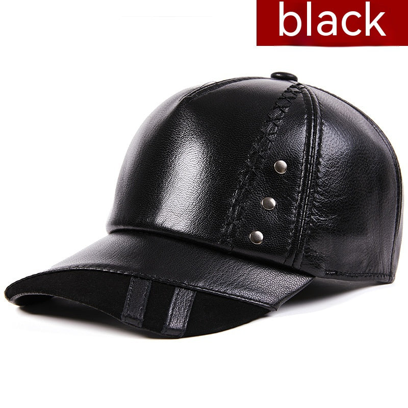 Full-Grain Sheepskin Leather Baseball Cap - Korean Style Adjustable Dome Crown