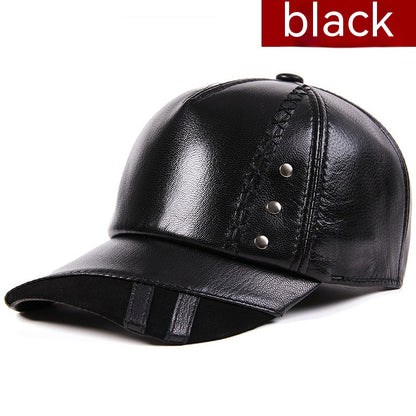 Full-Grain Sheepskin Leather Baseball Cap - Korean Style Adjustable Dome Crown