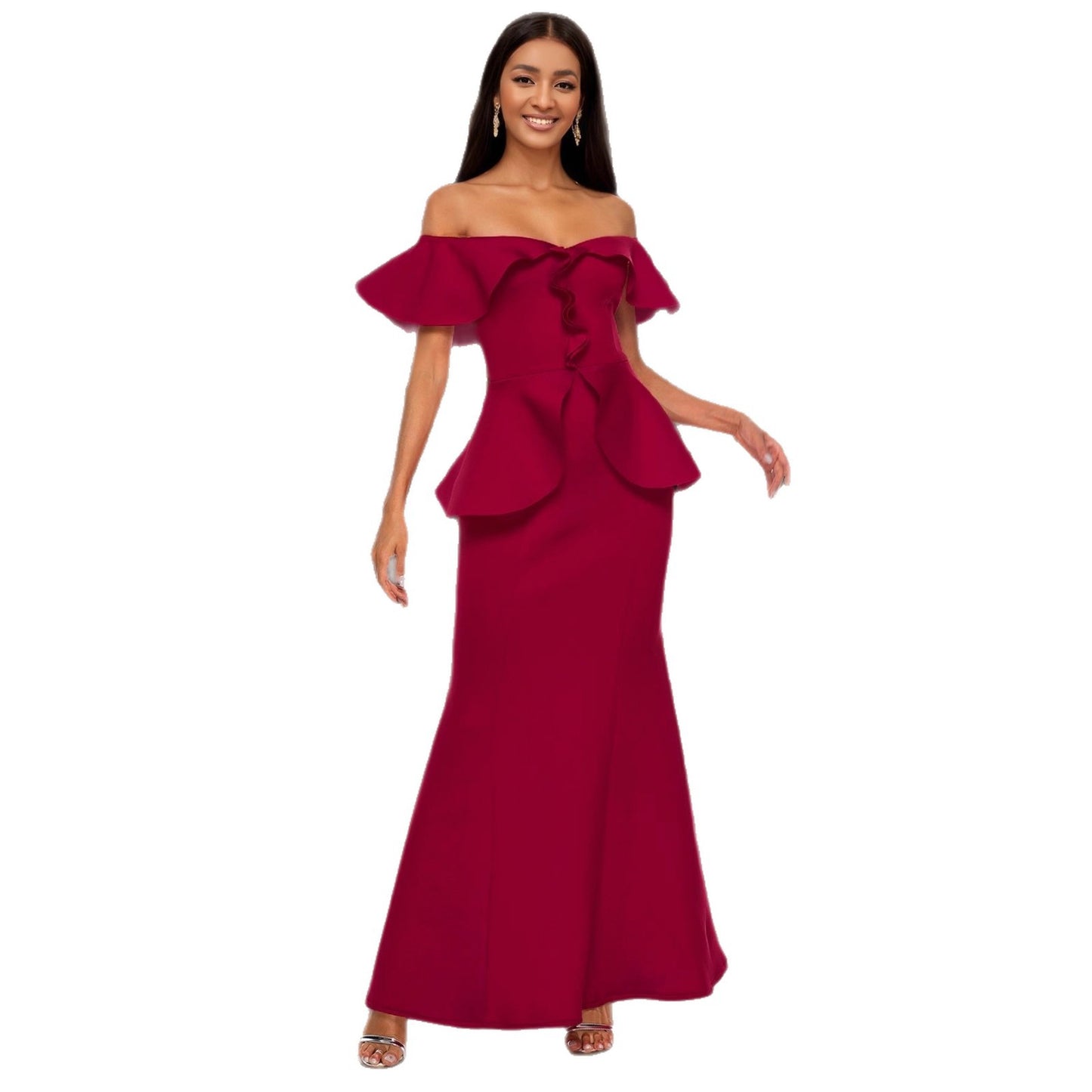 Women's Red Ruffle Off-Shoulder Fishtail Maxi Dress
