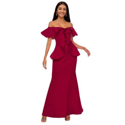Women's Red Ruffle Off-Shoulder Fishtail Maxi Dress