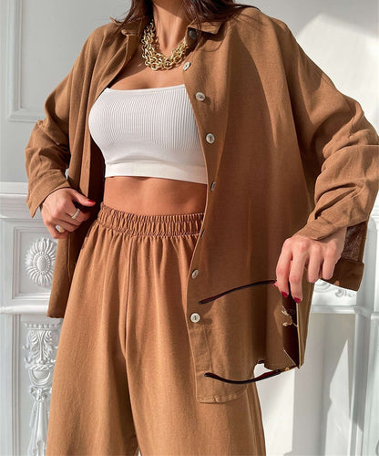 Women's Button Down Lounge Set - Long Sleeve 2-Piece Casual Loungewear with Pockets