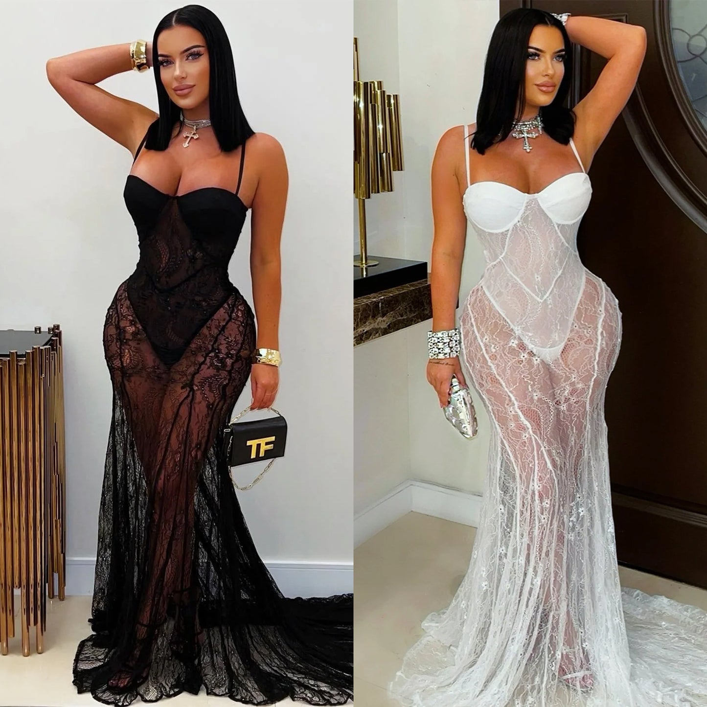 Women's Lace Sling Dress - Elegant Sleeveless Fishtail Skirt with See-Through Detail