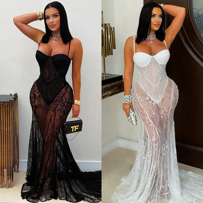 Women's Lace Sling Dress - Elegant Sleeveless Fishtail Skirt with See-Through Detail