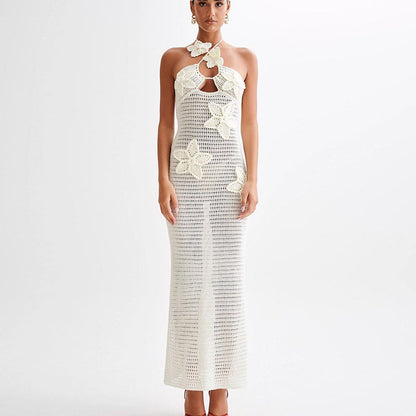 Women's Halter Neck Maxi Dress - Cotton Blend Summer Beach Dress