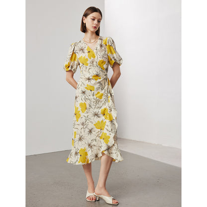 Silk Dress with Lace Print - Short Sleeve A-line