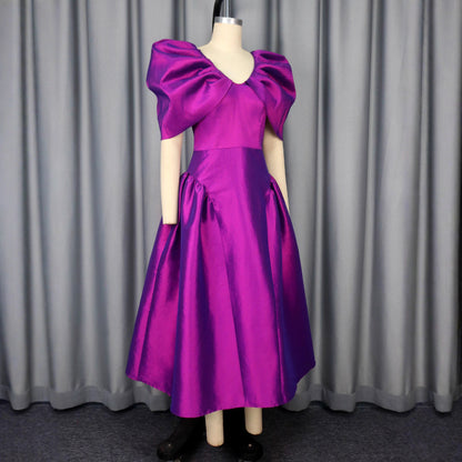 Women's Puff Sleeve A-Line Evening Dress | Pleated Maxi Banquet Gown