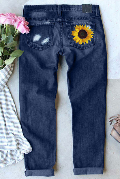 Mid-Rise Ripped Printed Jeans - Women's High Waist Pencil Leg Denim