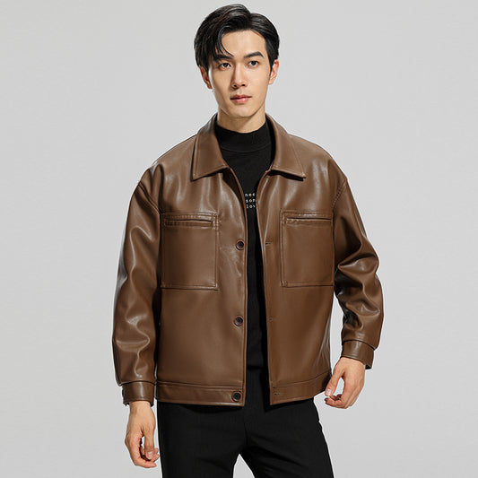 Men's Motorcycle Leather Jacket - Classic Lapel Zip-Up Outerwear