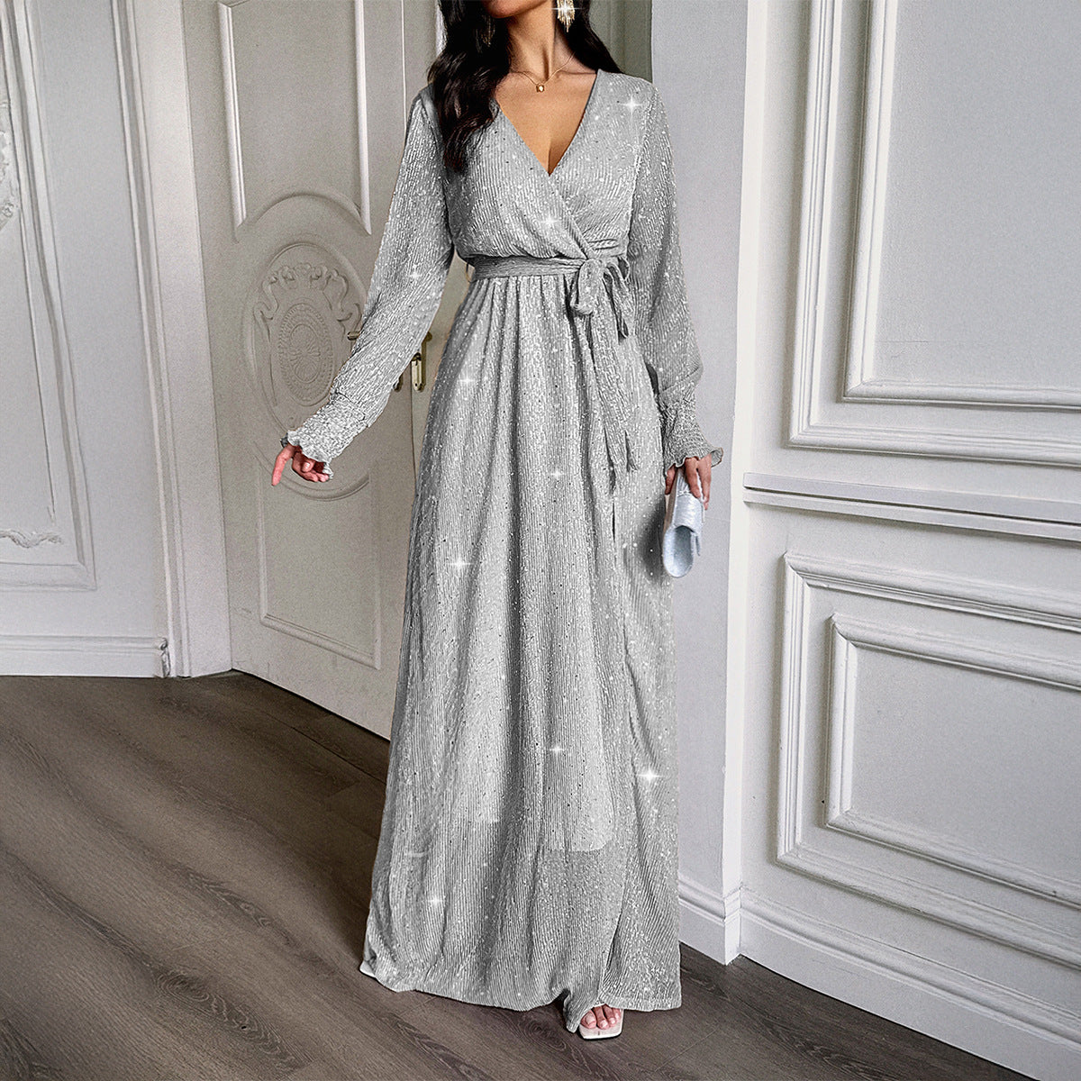 Women's Elegant Polka Dot Long-Sleeve Maxi Dress - A-Line Casual Dress