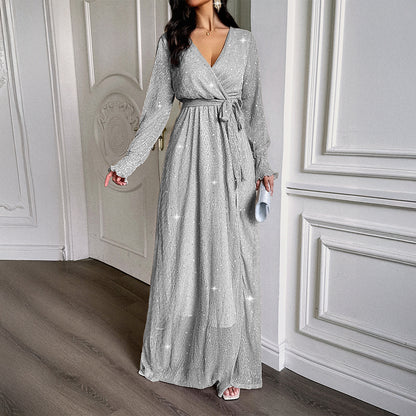 Women's Elegant Polka Dot Long-Sleeve Maxi Dress - A-Line Casual Dress