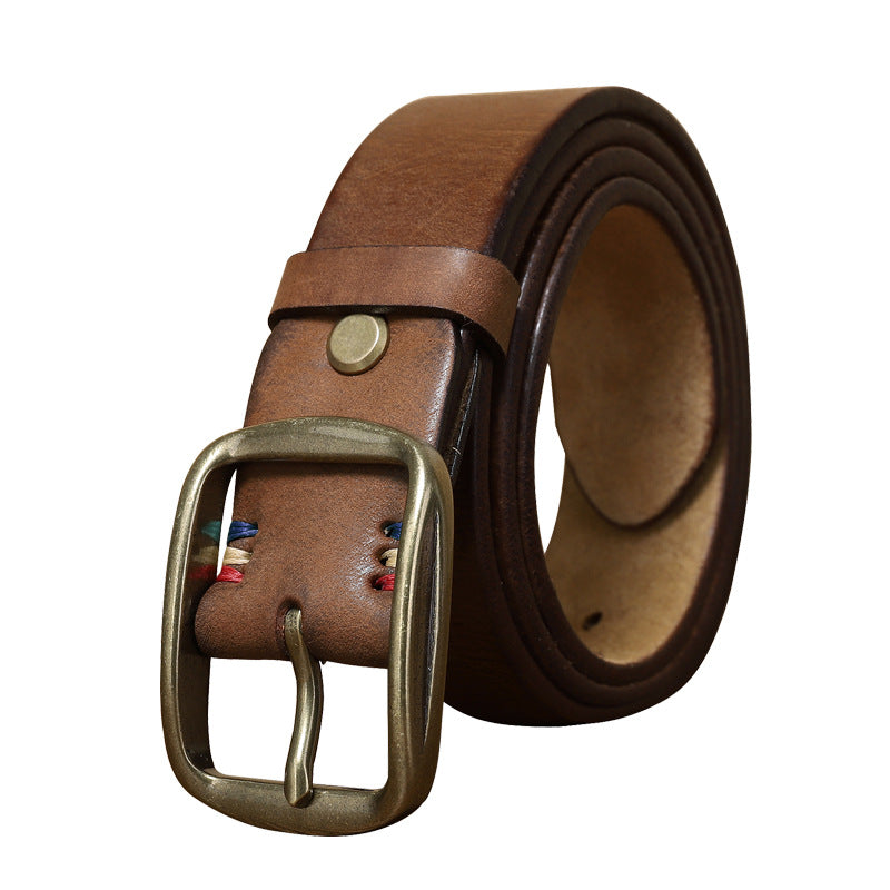 Men's Premium Genuine Leather Belt with Copper Pin Buckle - Classic Retro Style