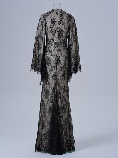 Women's Long Sleeve Round Neck Lace Bodycon Banquet Dress | Voile Overlay