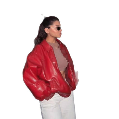 Women's Versatile Faux-Leather Bomber Jacket - Long Sleeve PU Jacket