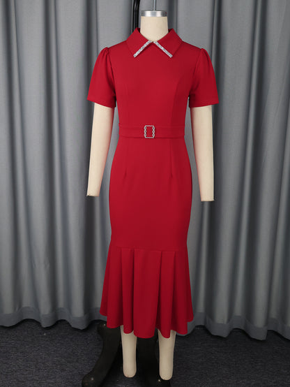 Women's Lapel Short Sleeve Midi Dress – Elegant High Waist Colorblock Bodycon