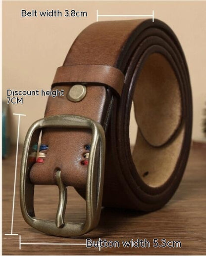 Men's Premium Genuine Leather Belt with Copper Pin Buckle - Classic Retro Style