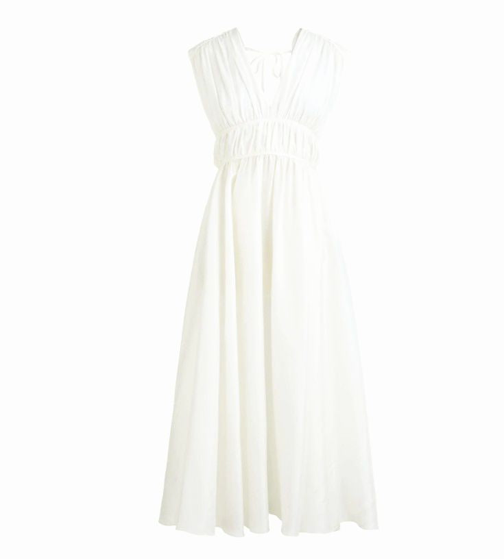 Vintage Silk Sleeveless V-Neck Lace-Up Pleated Waist Dress
