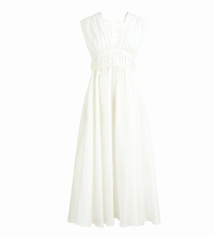 Vintage Silk Sleeveless V-Neck Lace-Up Pleated Waist Dress