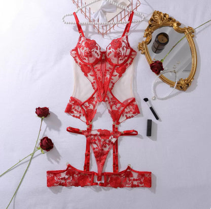Embroidered Lace Lingerie Set - Push-Up Bra and Panties with Gem Detail