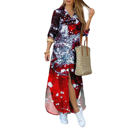 Women's Fashion Long Sleeve Printed Maxi Dress - Irregular Hem Single-Breasted Dress
