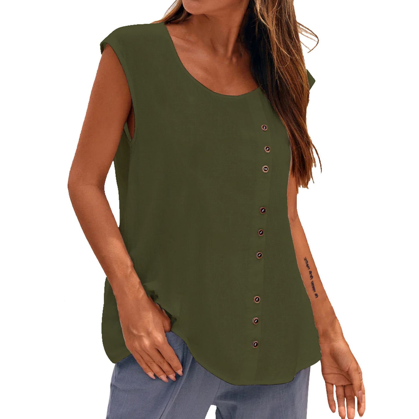 Women's Linen Blend Sleeveless Top - Asymmetric Button Detail