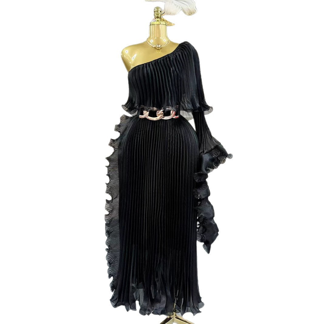 Women's One-Shoulder High-Waist Maxi Dress - Polyester Long Evening Dress in Black, Khaki, Pink & White