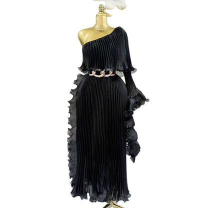 Women's One-Shoulder High-Waist Maxi Dress - Polyester Long Evening Dress in Black, Khaki, Pink & White
