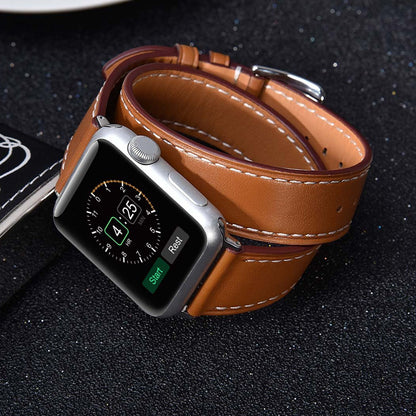 Classic Double Tour Genuine Leather Smartwatch Strap - Elegant Wrap-Around Band