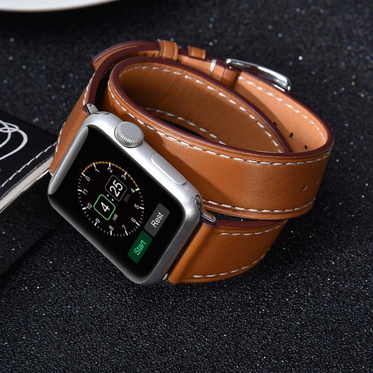 Classic Double Tour Genuine Leather Smartwatch Strap - Elegant Wrap-Around Band