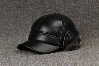 Cowhide Leather Hat for Men - Thick Warm Middle Ear Cap with Plain Weave