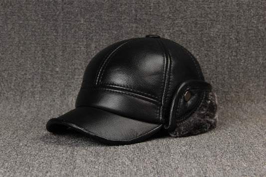 Cowhide Leather Hat for Men - Thick Warm Middle Ear Cap with Plain Weave