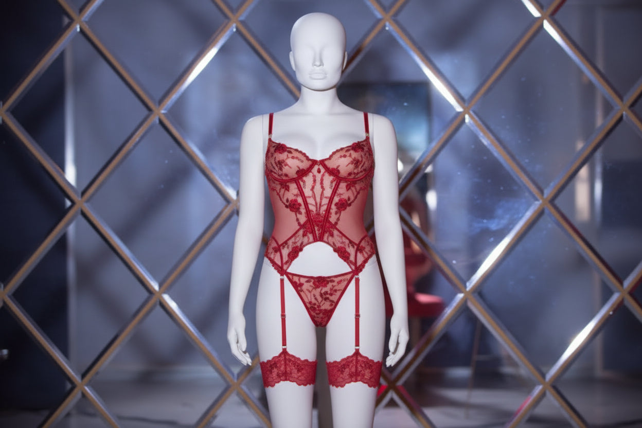 Embroidered Lace Lingerie Set - Push-Up Bra and Panties with Gem Detail