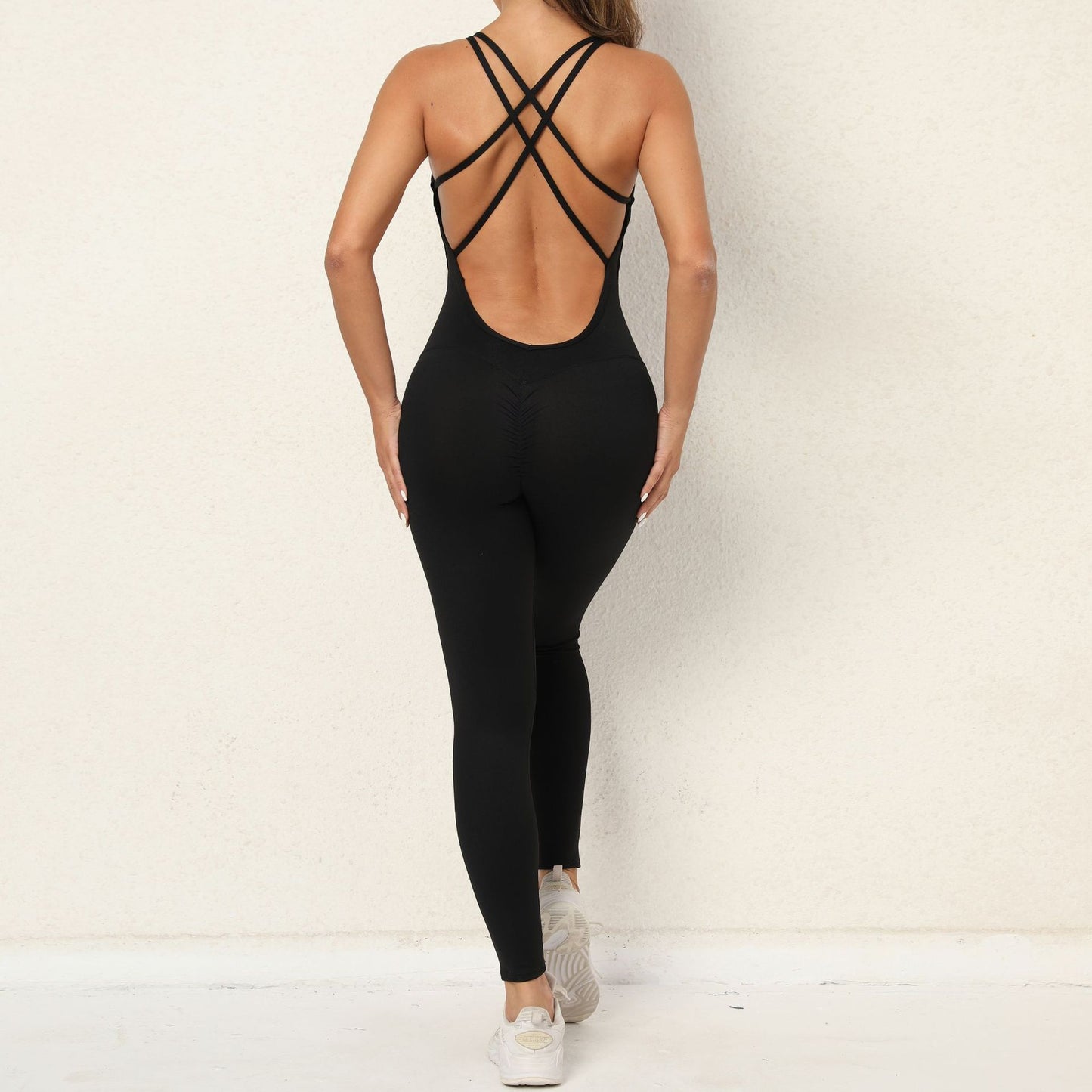 Women's Yoga Jumpsuit with Cross-Strap Back Design - Quick-Drying Tight-Fitting Seamless Leggings