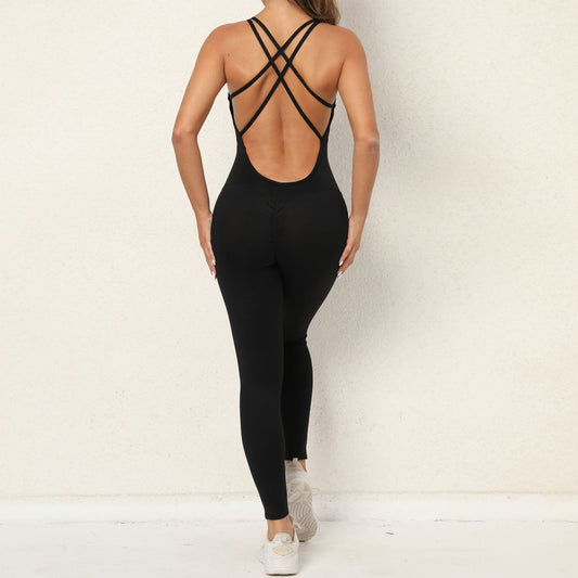 Women's Yoga Jumpsuit with Cross-Strap Back Design - Quick-Drying Tight-Fitting Seamless Leggings