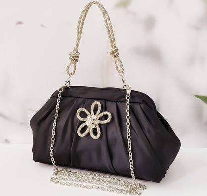 Polyester Evening Clutch - Shell Shape Shoulder Bag with Diamond Detail and Chain