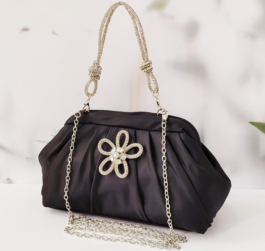 Polyester Evening Clutch - Shell Shape Shoulder Bag with Diamond Detail and Chain