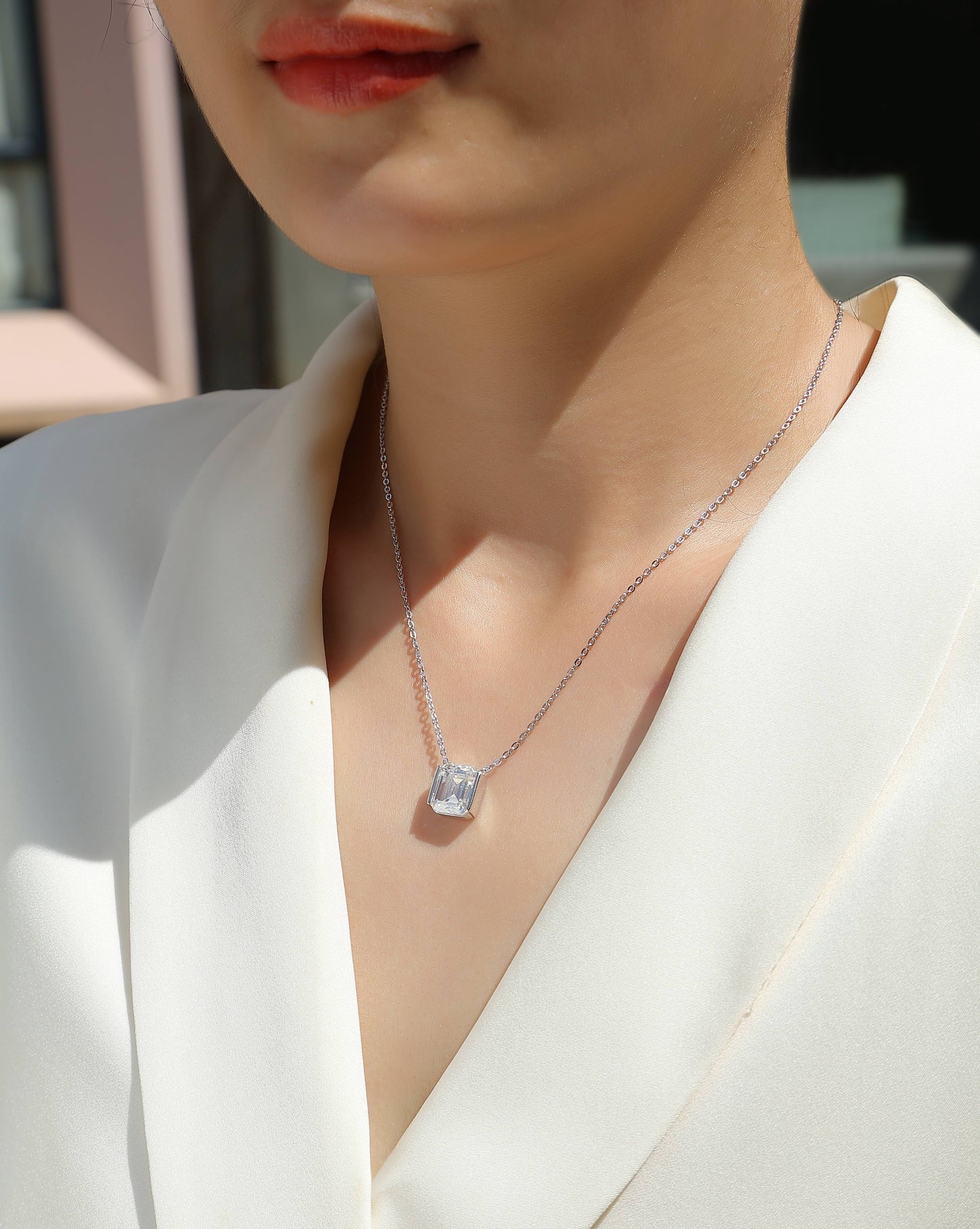 Moissanite Octagonal Pendant Necklace - S925 Silver Platinum-Plated with GRA Certificate